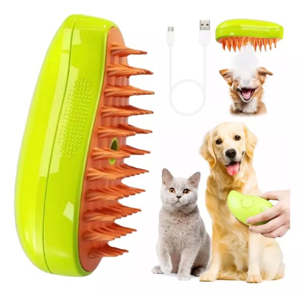 Cepillo a Vapor 3 en 1 para mascotas, ideal para eliminar pelo, caspa y pulgas en perros y gatos.