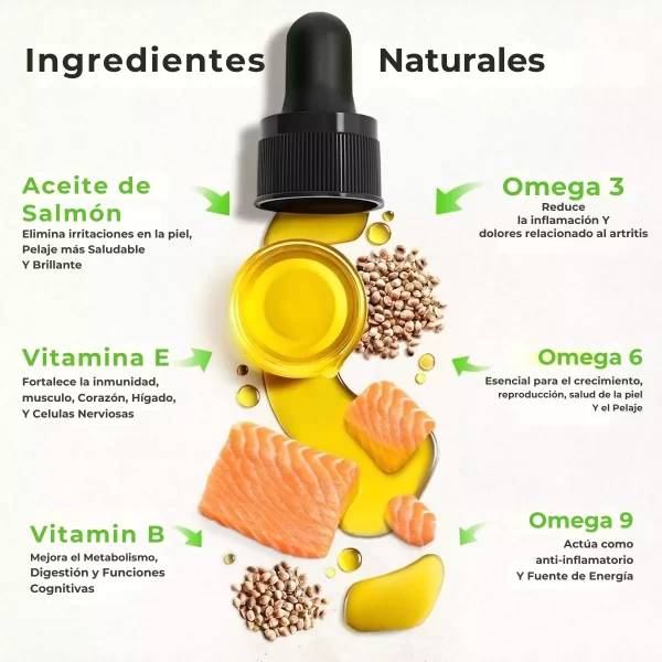 Ingredientes del Aceite Omega Hemp: Omega 3, 6, 9, vitaminas y aceite de salmón