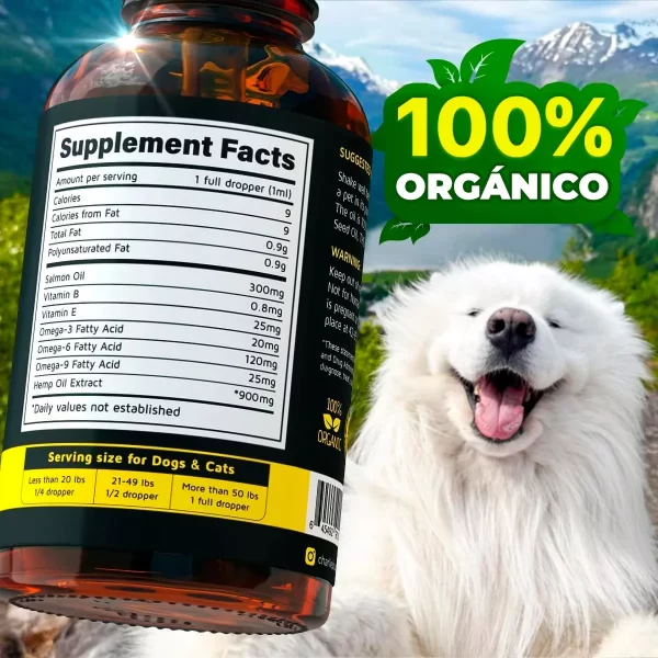 Ingredientes naturales del Aceite Omega Hemp para perros y gatos: omega 3, 6, 9, hemp, aceite de salmón y vitaminas esenciales