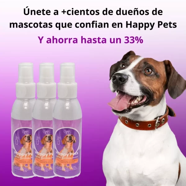 Tres botellas de enjuague bucal Happy Pets, un perro feliz y una oferta de hasta 33% de descuento.