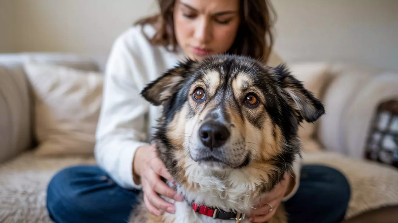 Persona abrazando a su perro con ojos rojos e irritados, mostrando una expresión triste.