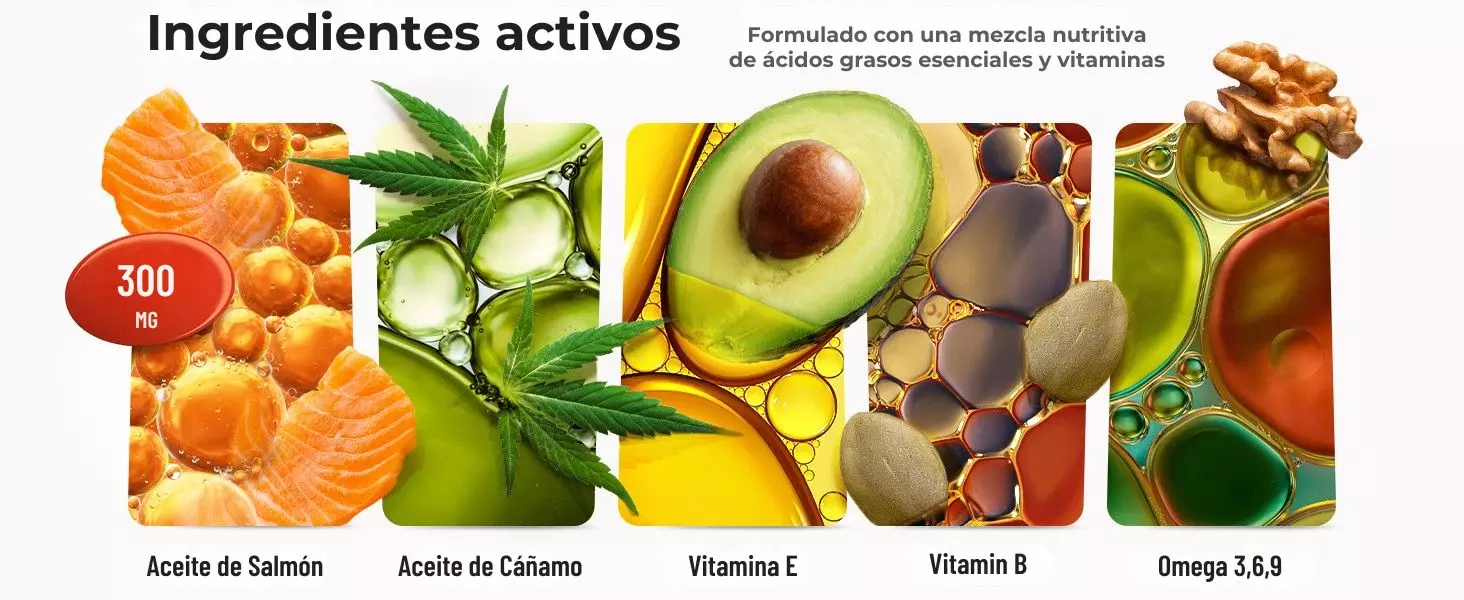 Pet Hemp Omega Oil Ingredientes naturales del Pet Hemp Omega Oil para perros y gatos: omega 3, 6, 9, hemp, aceite de salmón y vitaminas esenciales