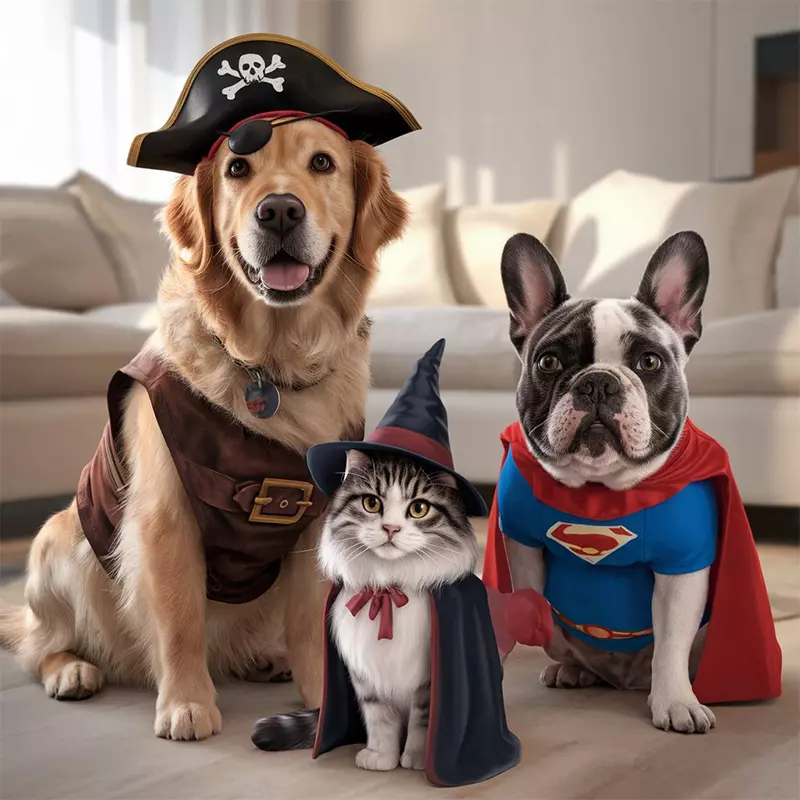 Tres mascotas usando disfraces para perros y gatos – productos disponibles en Colombia con envío gratis
