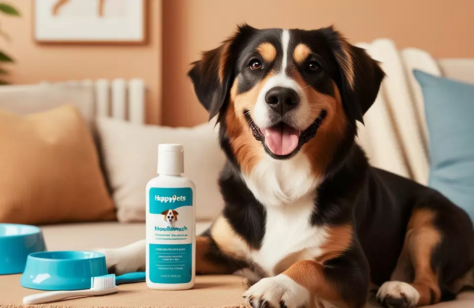 Perro feliz junto a un frasco de Enjuague Bucal HappyPets, diseñado para eliminar el sarro, combatir el mal aliento y mejorar la salud bucal de perros y gatos.