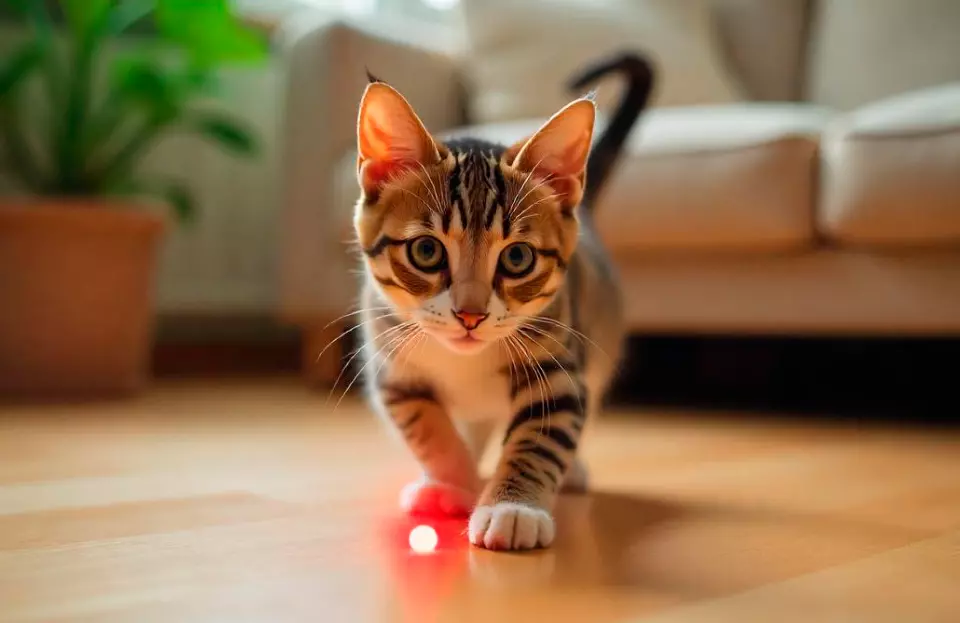 Gato jugando con un láser, un juguete interactivo ideal para felinos.