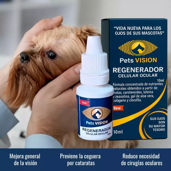 Producto Pets Vision junto a un perro siendo examinado por un veterinario, con beneficios destacados para la salud ocular de las mascotas