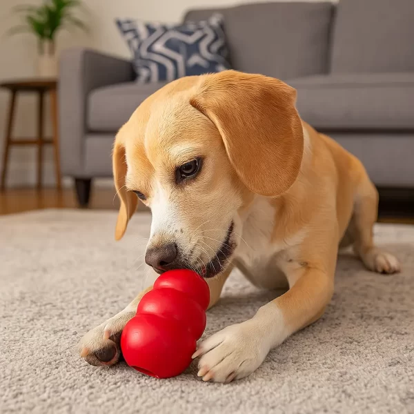 Perro jugando con el juguete rellenable Kong Classic en una sala