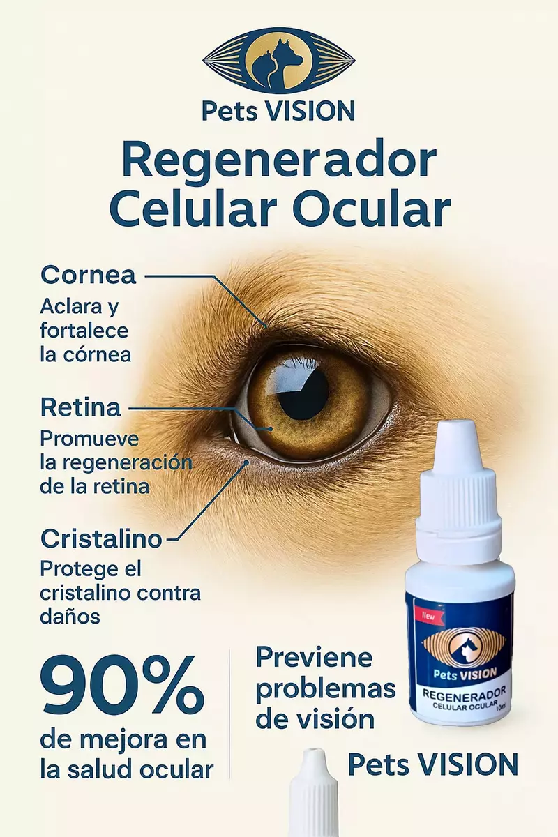 Pet Vision Gotas - Regenerador Celular Ocular para Perros y Gatos Beneficios de Pets Vision gotas para ojos en mascotas, imagen del producto con texto informativo.